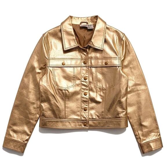 Designer Vintag 80s GOLD Metallic Leather Moto Jacket Sz 10 Short Punk Rock Glam - Picture 3 of 16